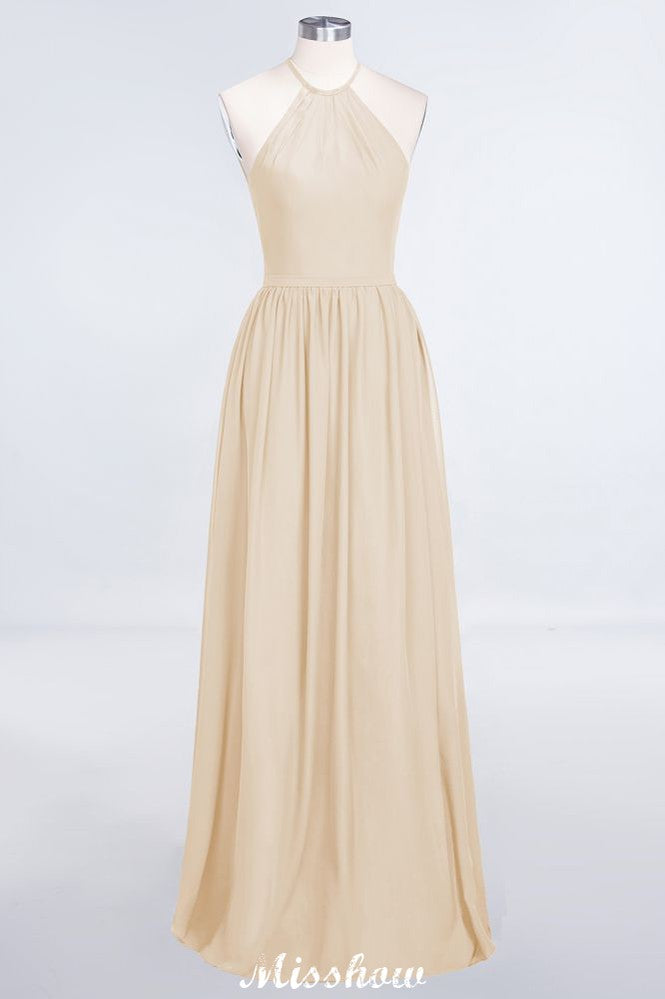 Vestido de dama de honor largo hasta el suelo, sin mangas y con cuello halter y volantes