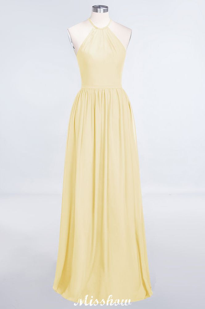 Vestido de dama de honor largo hasta el suelo, sin mangas y con cuello halter y volantes
