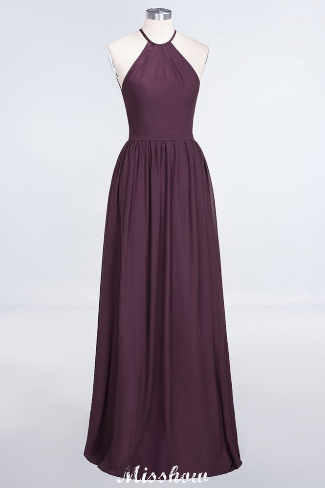 Vestido de dama de honor largo hasta el suelo, sin mangas y con cuello halter y volantes