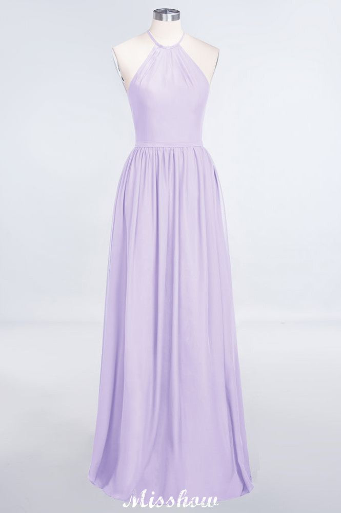 Vestido de dama de honor largo hasta el suelo, sin mangas y con cuello halter y volantes