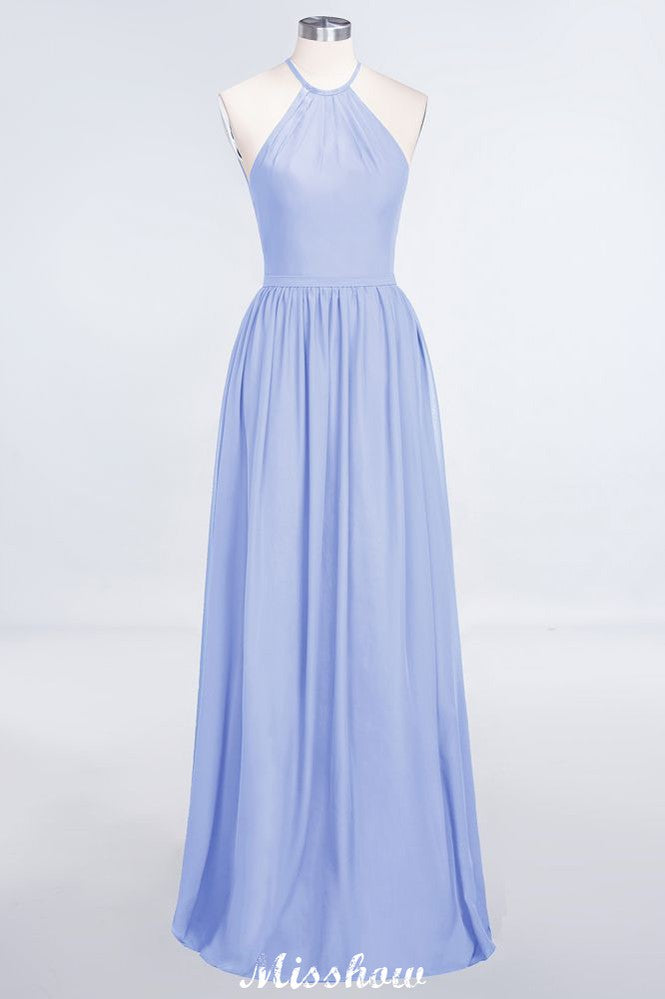 Vestido de dama de honor largo hasta el suelo, sin mangas y con cuello halter y volantes
