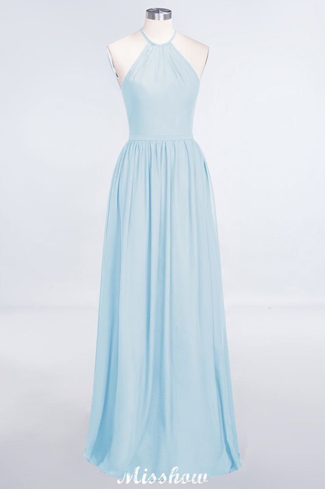 Vestido de dama de honor largo hasta el suelo, sin mangas y con cuello halter y volantes