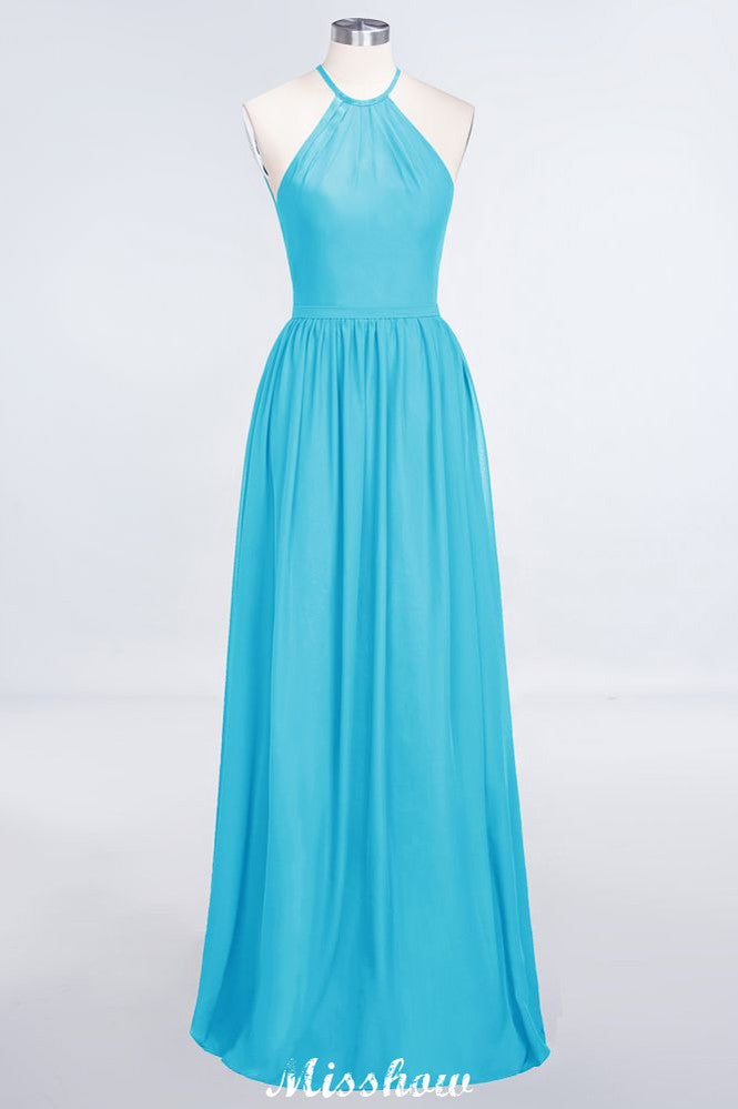 Vestido de dama de honor largo hasta el suelo, sin mangas y con cuello halter y volantes