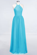 Vestido de dama de honor largo hasta el suelo, sin mangas y con cuello halter y volantes