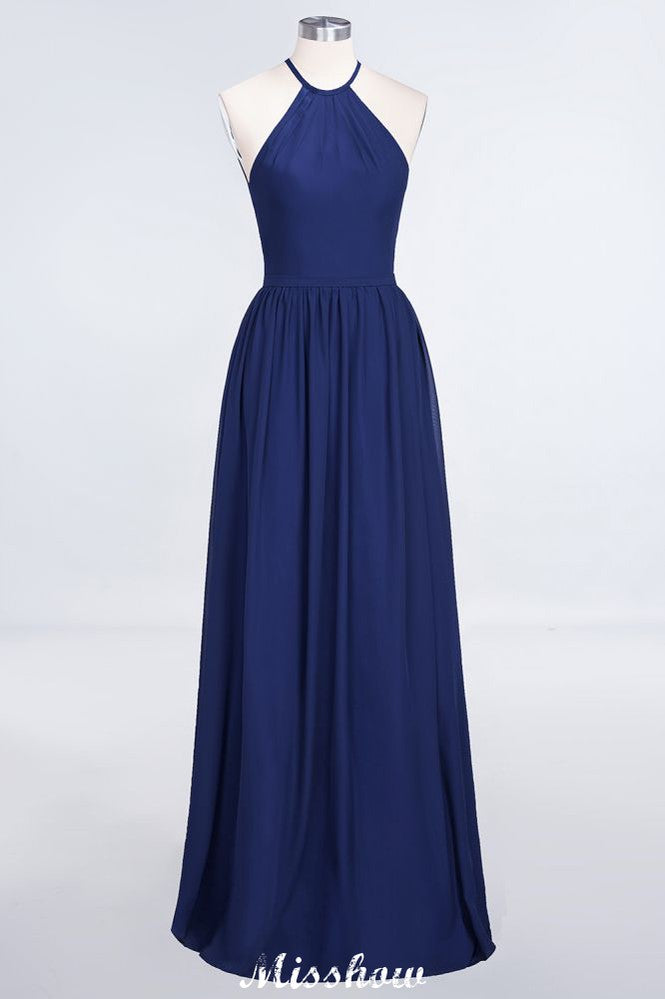 Vestido de dama de honor largo hasta el suelo, sin mangas y con cuello halter y volantes