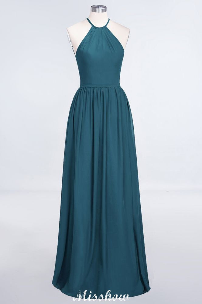 Vestido de dama de honor largo hasta el suelo, sin mangas y con cuello halter y volantes