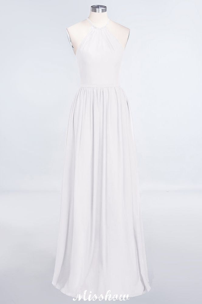 Vestido de dama de honor largo hasta el suelo, sin mangas y con cuello halter y volantes
