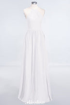 Vestido de dama de honor largo hasta el suelo, sin mangas y con cuello halter y volantes