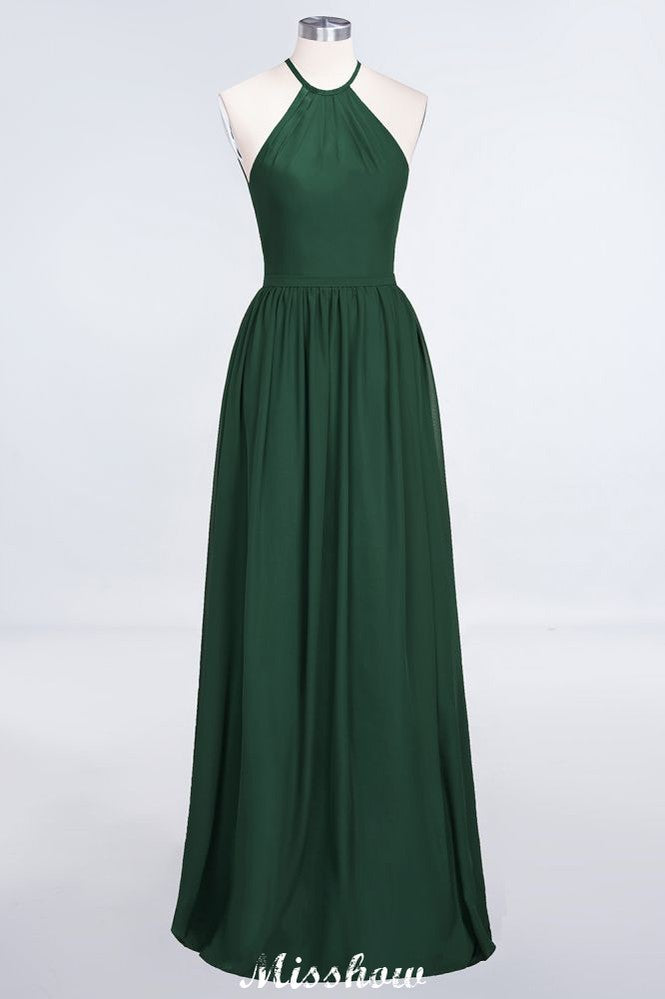 Vestido de dama de honor largo hasta el suelo, sin mangas y con cuello halter y volantes