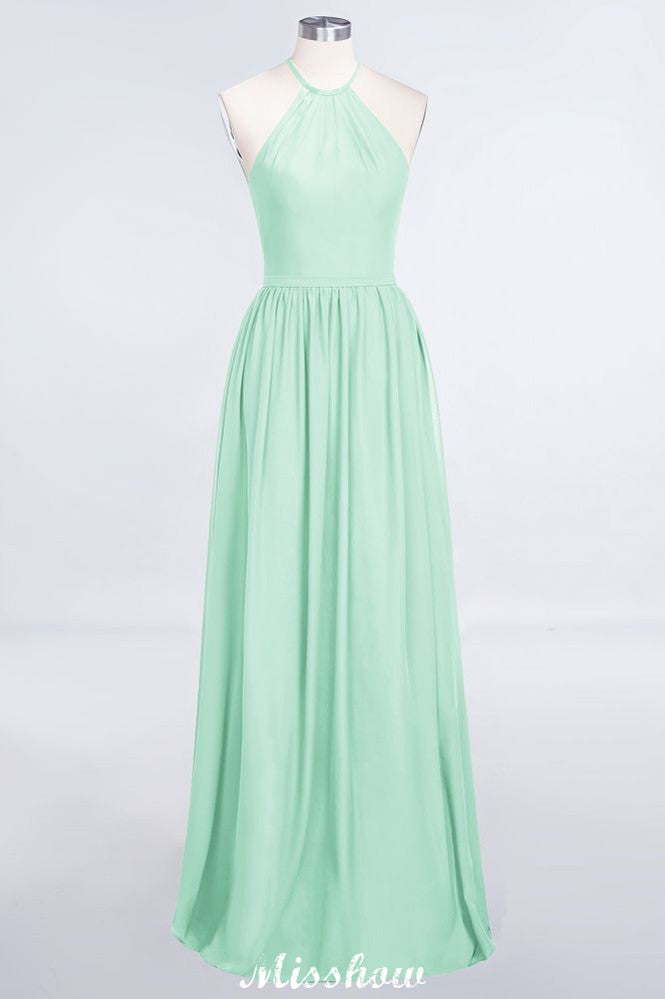 Vestido de dama de honor largo hasta el suelo, sin mangas y con cuello halter y volantes