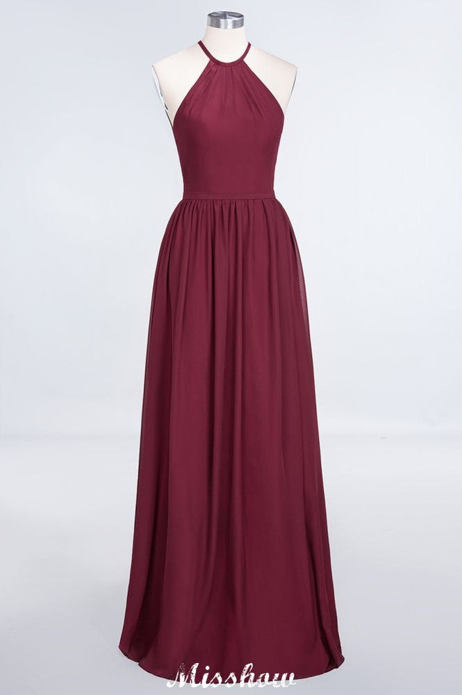 Vestido de dama de honor largo hasta el suelo, sin mangas y con cuello halter y volantes