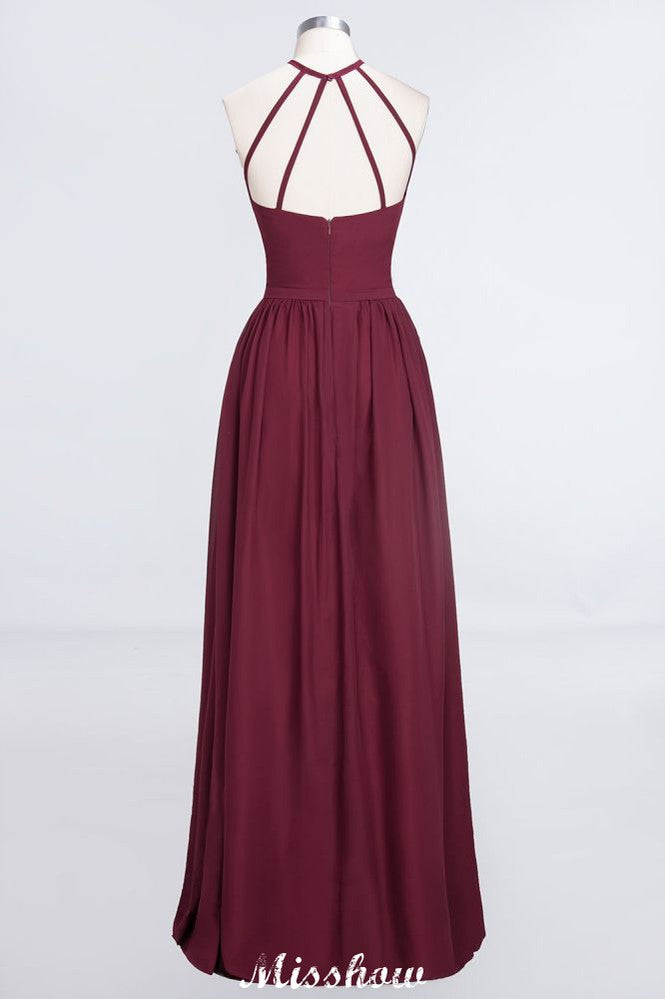 Vestido de dama de honor largo hasta el suelo, sin mangas y con cuello halter y volantes