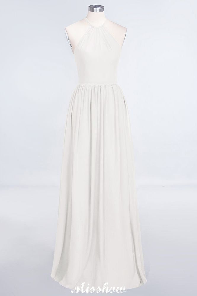Vestido de dama de honor largo hasta el suelo, sin mangas y con cuello halter y volantes