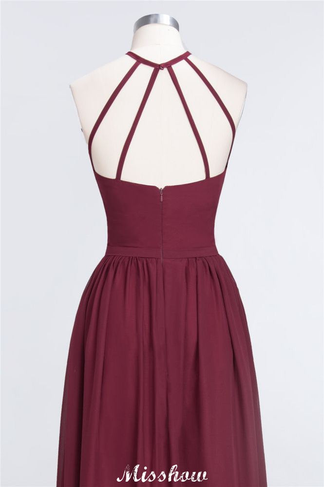 Vestido de dama de honor largo hasta el suelo, sin mangas y con cuello halter y volantes