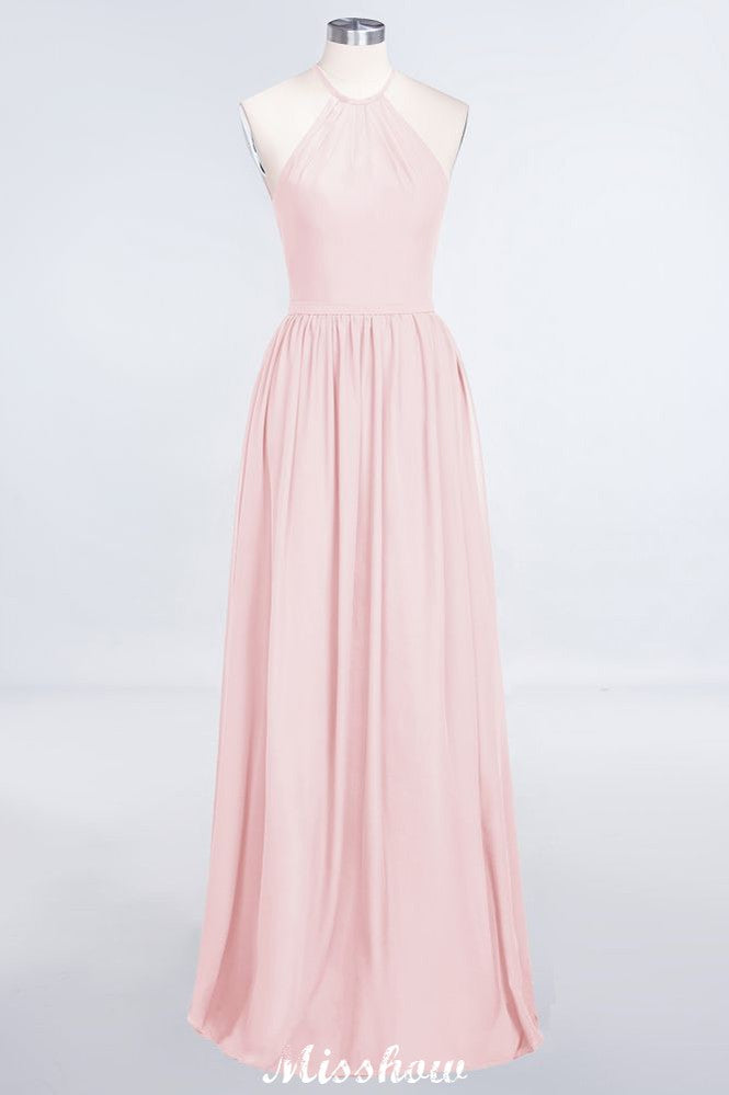 Vestido de dama de honor largo hasta el suelo, sin mangas y con cuello halter y volantes