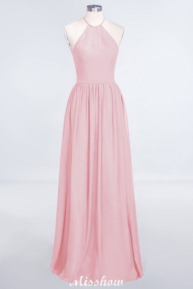 Vestido de dama de honor largo hasta el suelo, sin mangas y con cuello halter y volantes