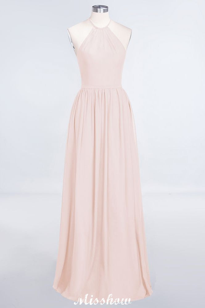 Vestido de dama de honor largo hasta el suelo, sin mangas y con cuello halter y volantes