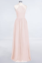 Vestido de dama de honor largo hasta el suelo, sin mangas y con cuello halter y volantes