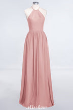Vestido de dama de honor largo hasta el suelo, sin mangas y con cuello halter y volantes
