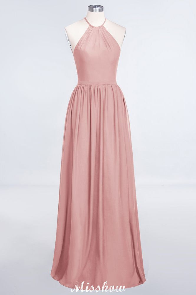 Vestido de dama de honor largo hasta el suelo, sin mangas y con cuello halter y volantes