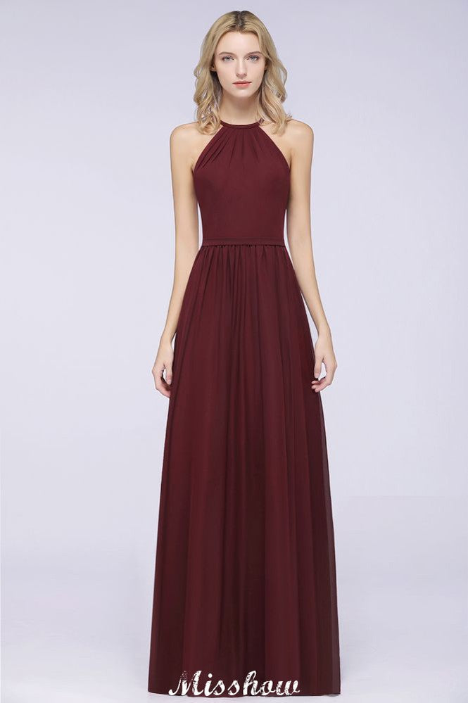 Vestido de dama de honor largo hasta el suelo, sin mangas y con cuello halter y volantes