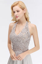Vestido de fiesta de noche con cuello halter, sin mangas, con apliques florales, largo hasta el suelo, para dama de honor