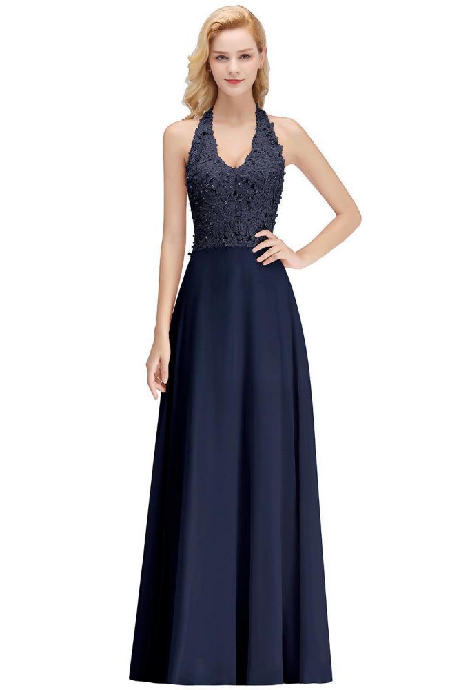 Vestido de fiesta de noche con cuello halter, sin mangas, con apliques florales, largo hasta el suelo, para dama de honor