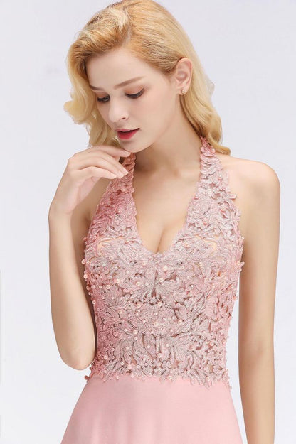 Neckholder Ärmelloses Abendkleid mit Blumenapplikationen A-Linie Bodenlanges Brautjungfernkleid