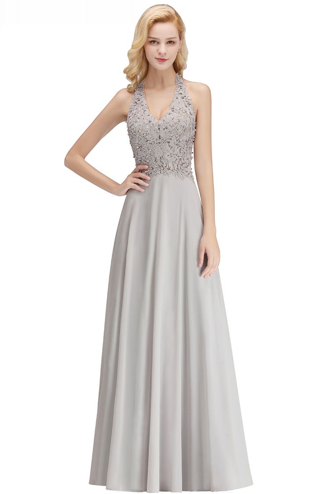 Vestido de fiesta de noche con cuello halter, sin mangas, con apliques florales, largo hasta el suelo, para dama de honor