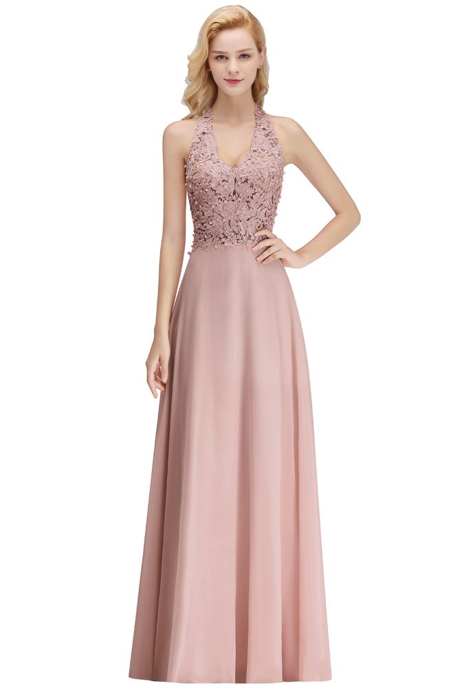 Vestido de fiesta de noche con cuello halter, sin mangas, con apliques florales, largo hasta el suelo, para dama de honor