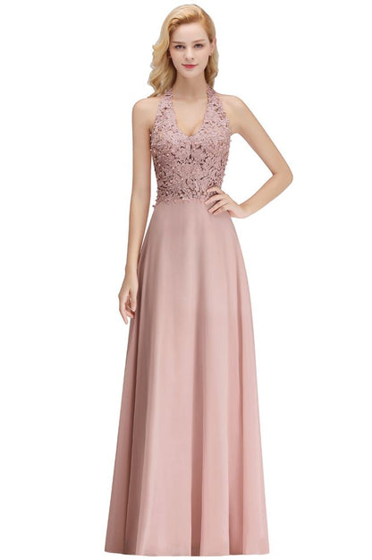 Neckholder Ärmelloses Abendkleid mit Blumenapplikationen A-Linie Bodenlanges Brautjungfernkleid