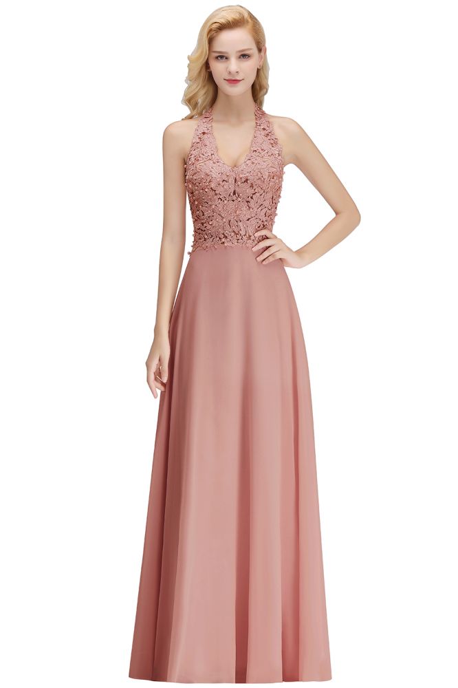 Vestido de fiesta de noche con cuello halter, sin mangas, con apliques florales, largo hasta el suelo, para dama de honor