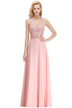 Vestido de fiesta de noche con cuello halter, sin mangas, con apliques florales, largo hasta el suelo, para dama de honor