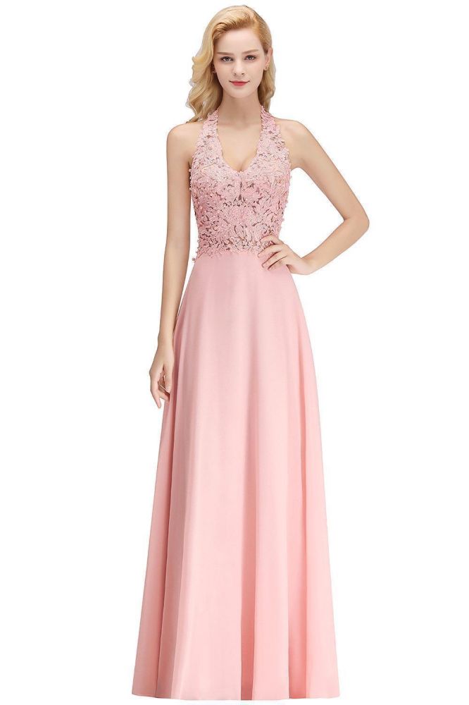 Vestido de fiesta de noche con cuello halter, sin mangas, con apliques florales, largo hasta el suelo, para dama de honor