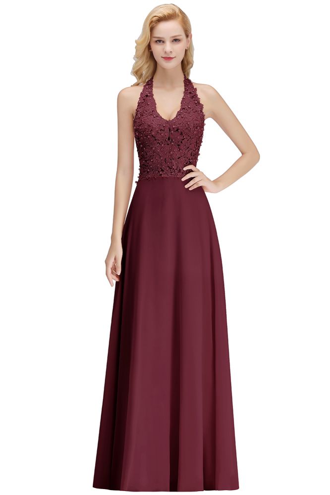 Vestido de fiesta de noche con cuello halter, sin mangas, con apliques florales, largo hasta el suelo, para dama de honor