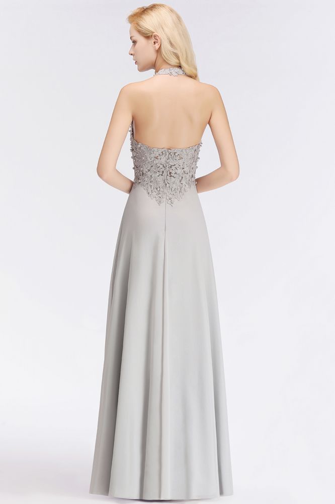 Neckholder Ärmelloses Abendkleid mit Blumenapplikationen A-Linie Bodenlanges Brautjungfernkleid