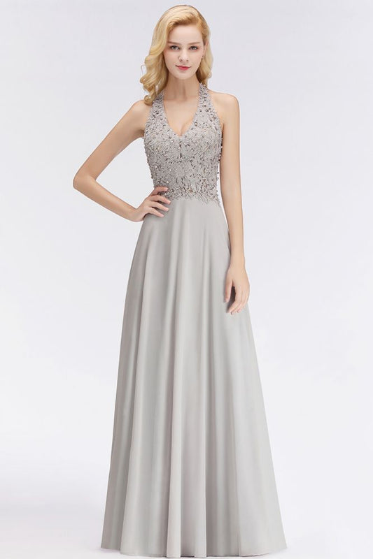 Neckholder Ärmelloses Abendkleid mit Blumenapplikationen A-Linie Bodenlanges Brautjungfernkleid