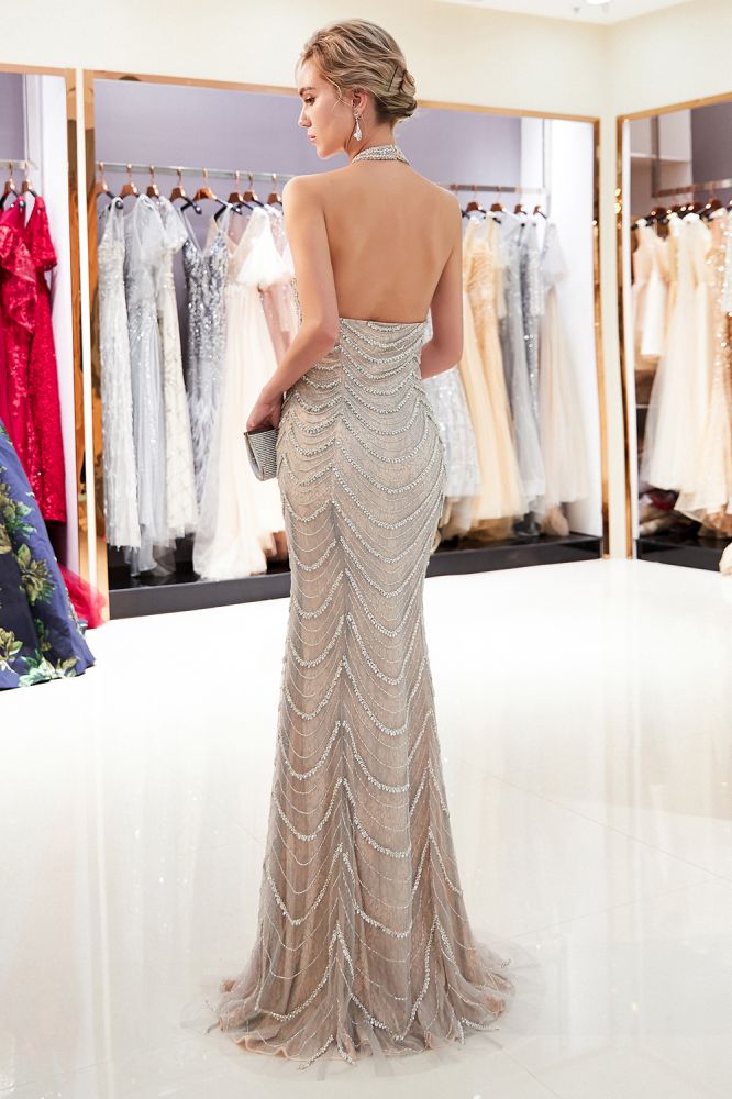 Halter Sleeveless Long Sequined Pattern Mermaid Evening Dress