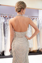 Vestido de noche largo estilo sirena con lentejuelas y cuello halter sin mangas