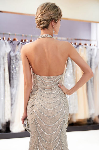 Halter Sleeveless Long Sequined Pattern Mermaid Evening Dress
