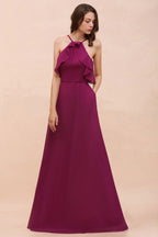 Vestido de dama de honor morado sin mangas con cuello halter y bolsillos laterales