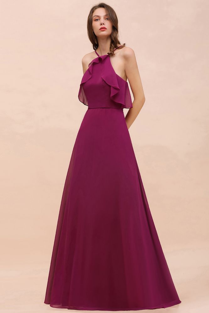 Vestido de dama de honor morado sin mangas con cuello halter y bolsillos laterales