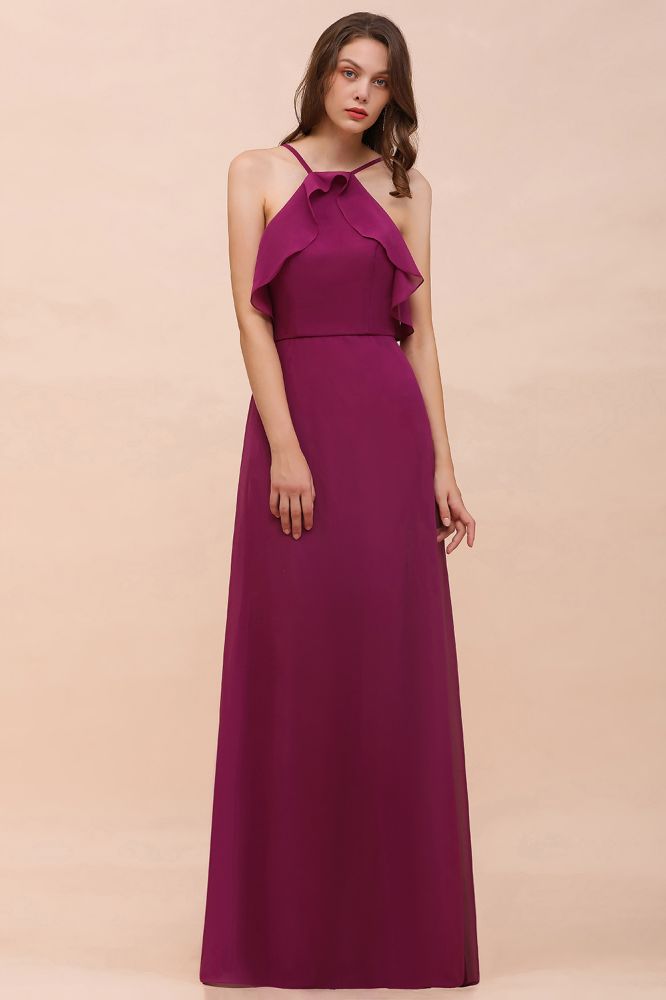 Vestido de dama de honor morado sin mangas con cuello halter y bolsillos laterales