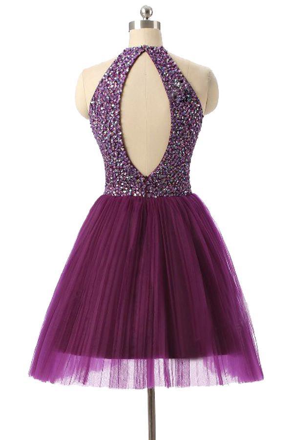 Vestidos de fiesta morados cortos sin mangas con cuello halter PG014