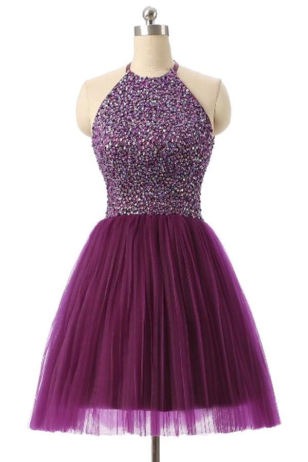 Vestidos de fiesta morados cortos sin mangas con cuello halter PG014