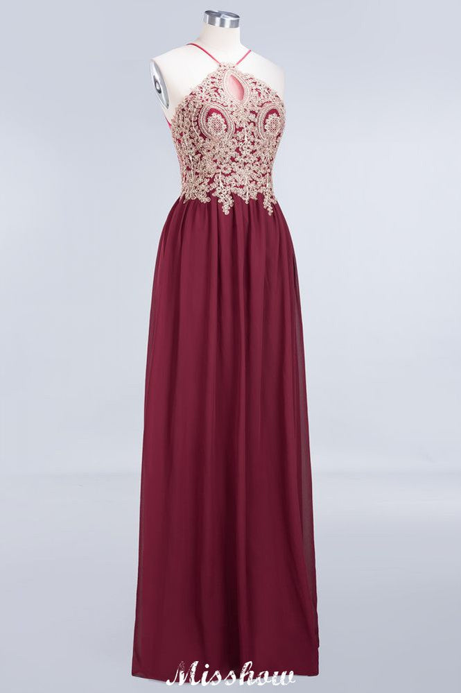 Halter Spaghetti Gold Appliques Swing Dress Sleeveless Tulle Chiffon Evening Maxi Dress