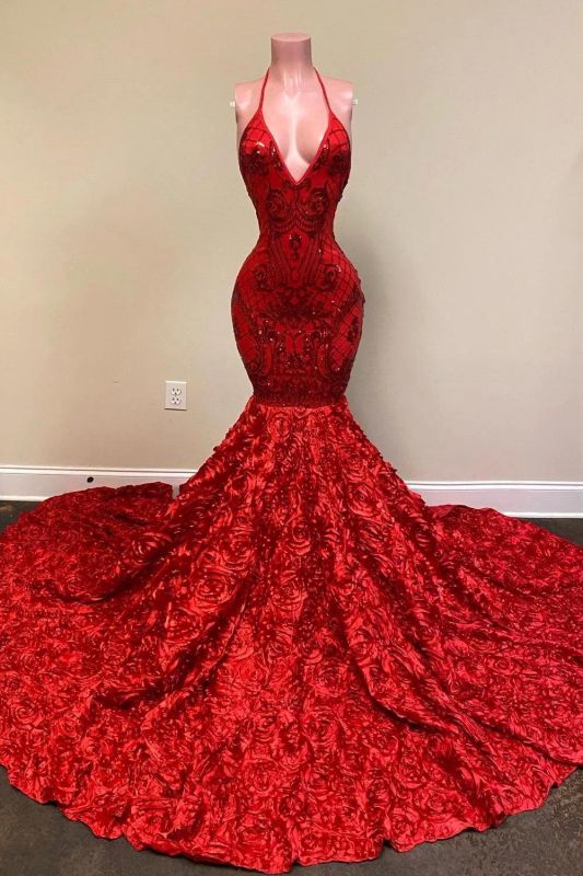 Halter Spaghetti Strapes Glitter Floral Lace Mermaid Prom Dress