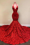 Halter Spaghetti Strapes Glitter Floral Lace Mermaid Prom Dress