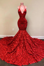 Halter Spaghetti Strapes Glitter Floral Lace Mermaid Prom Dress