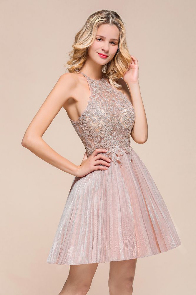 Neckholder Glitzerndes Kurzes Homecoming-Kleid Blumenspitze Aline Ballkleid Knielang
